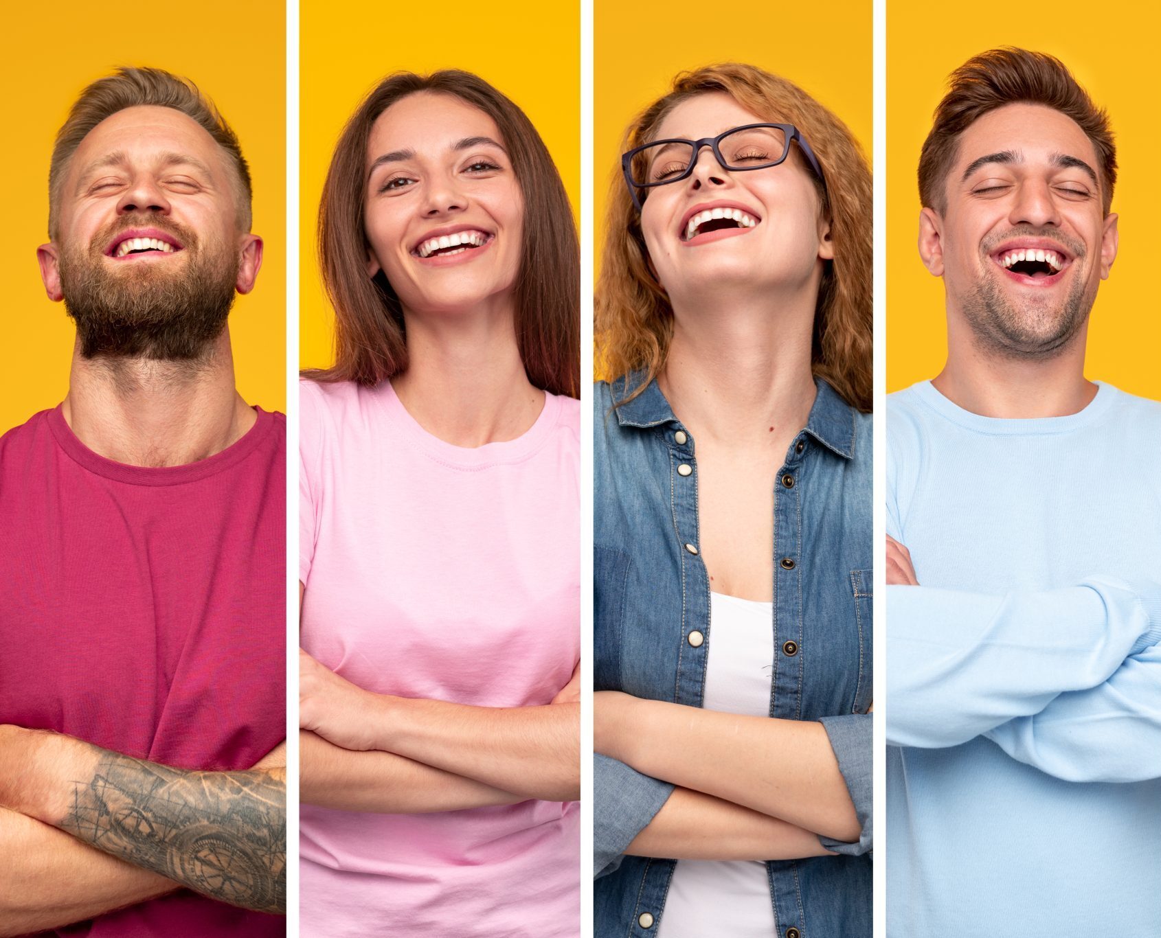 Collage of excited diverse people in casual clothes keeping arms crossed and laughing at joke against yellow background